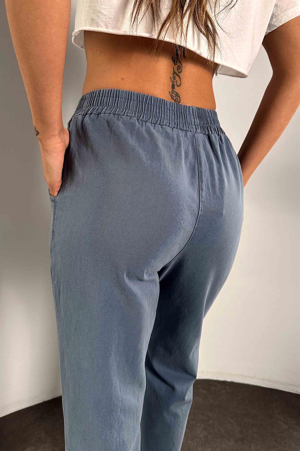 Beli Lastikli Gabardin Kadın Pantolon İndigo Mavisi