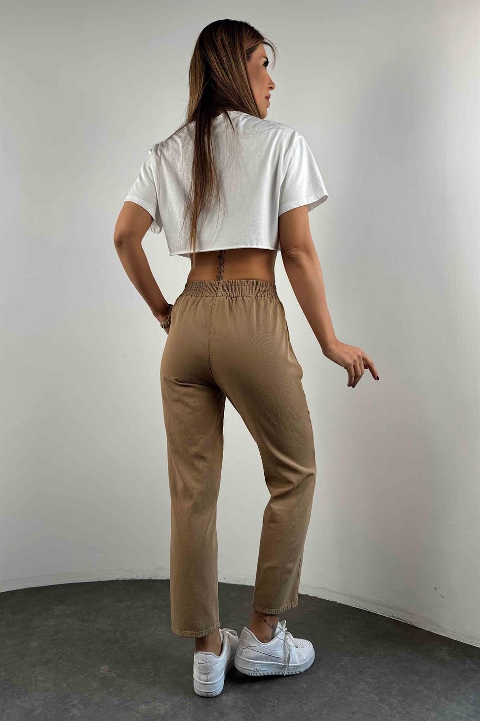 Beli Lastikli Gabardin Kadın Pantolon Camel