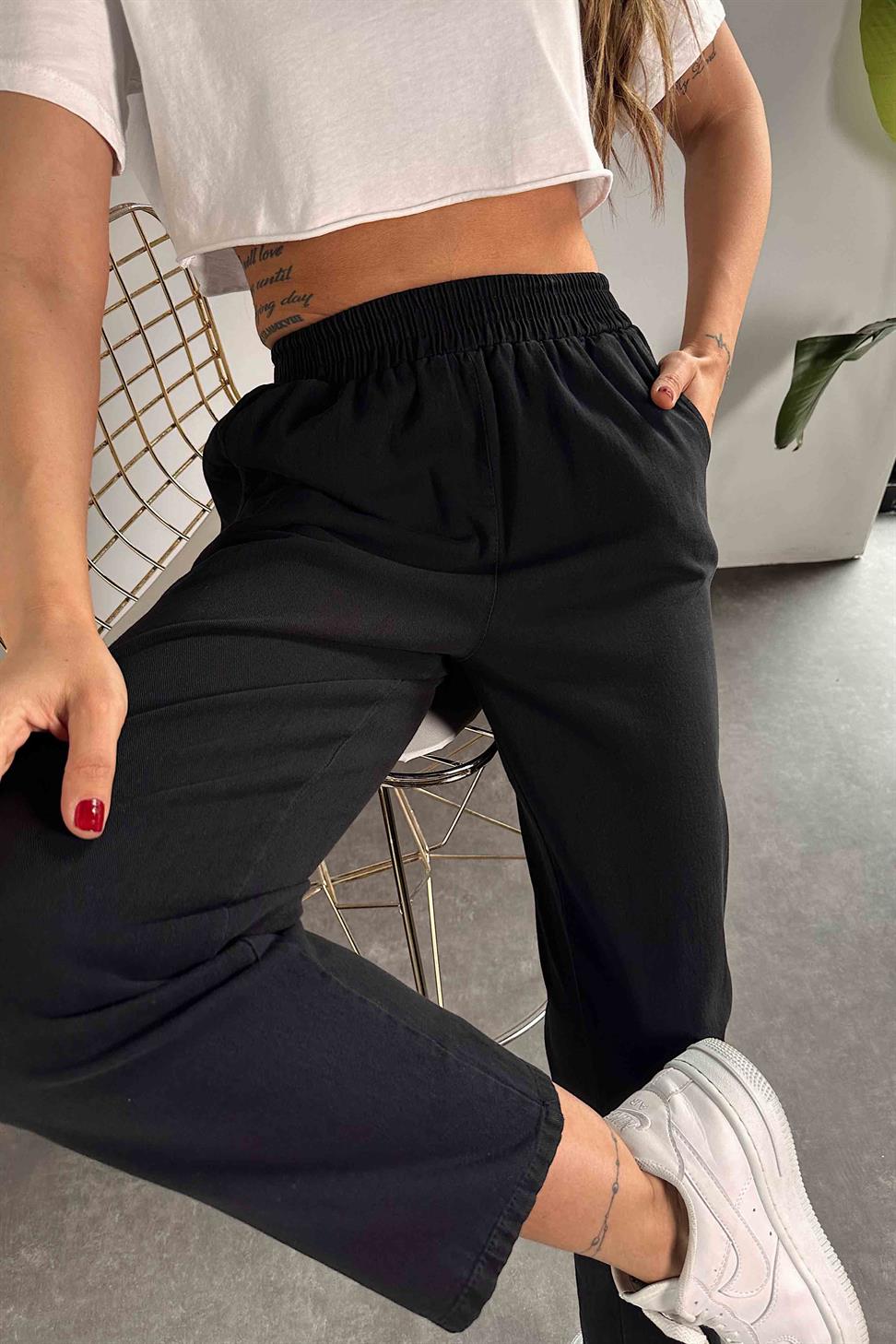 Beli Lastikli Gabardin Kadın Pantolon Siyah