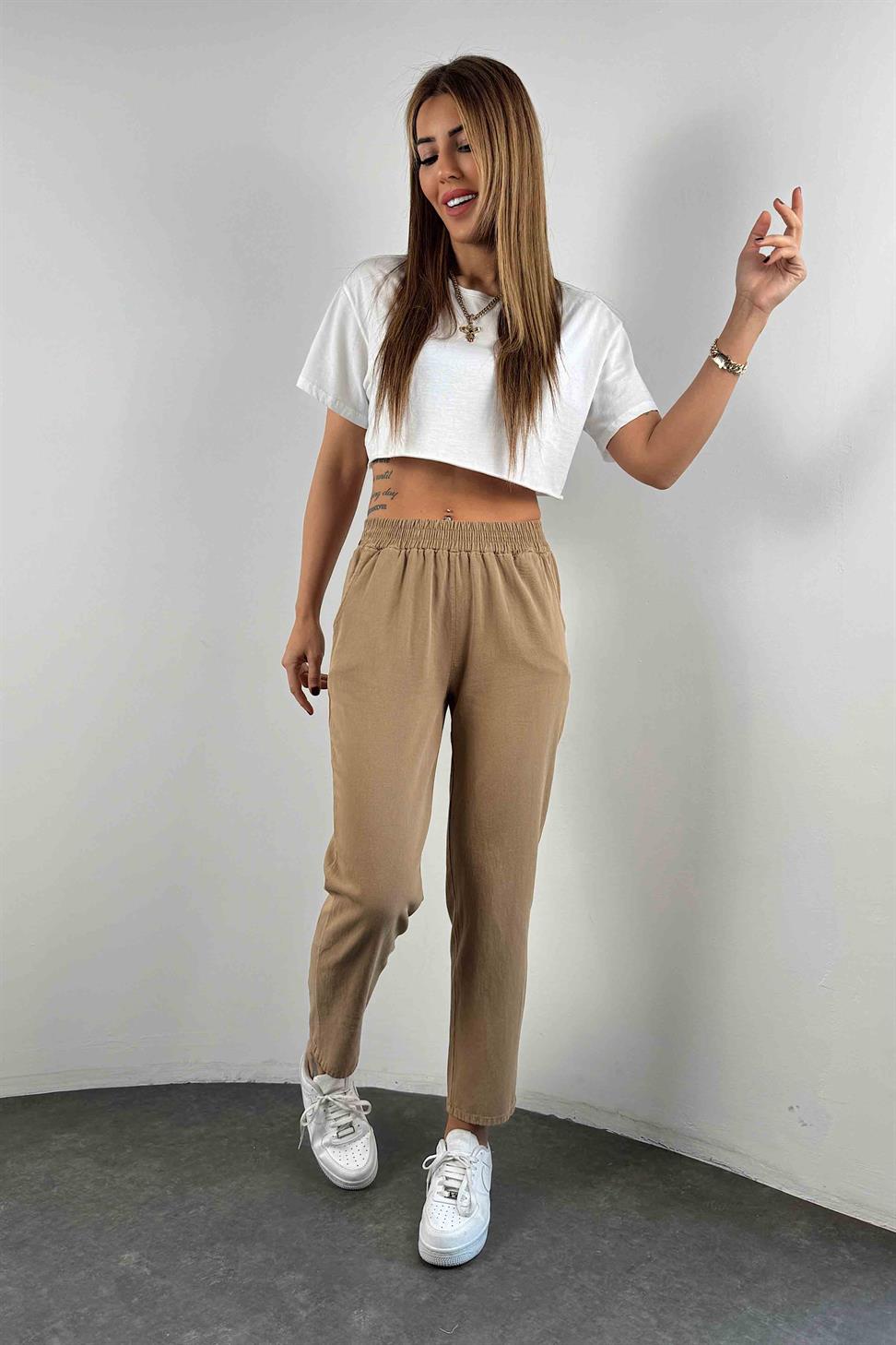 Beli Lastikli Gabardin Kadın Pantolon Camel