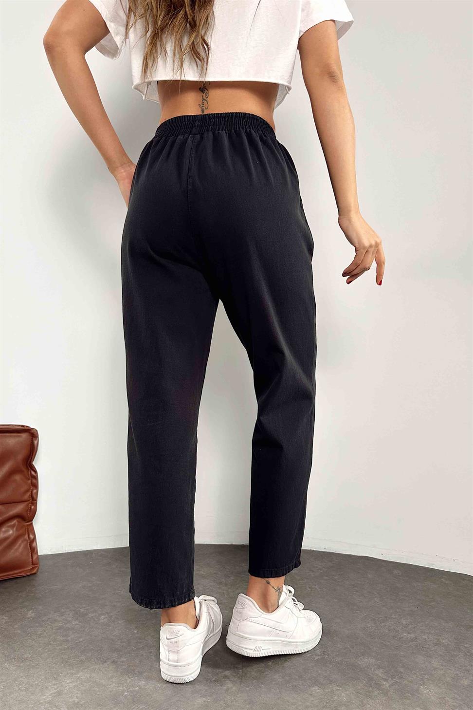 Beli Lastikli Gabardin Kadın Pantolon Siyah