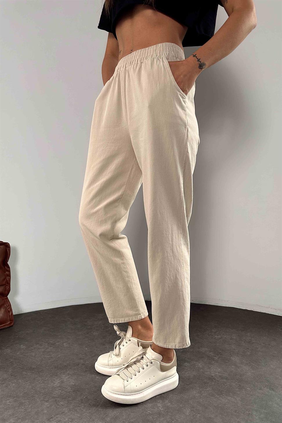 Beli Lastikli Gabardin Kadın Pantolon Taş