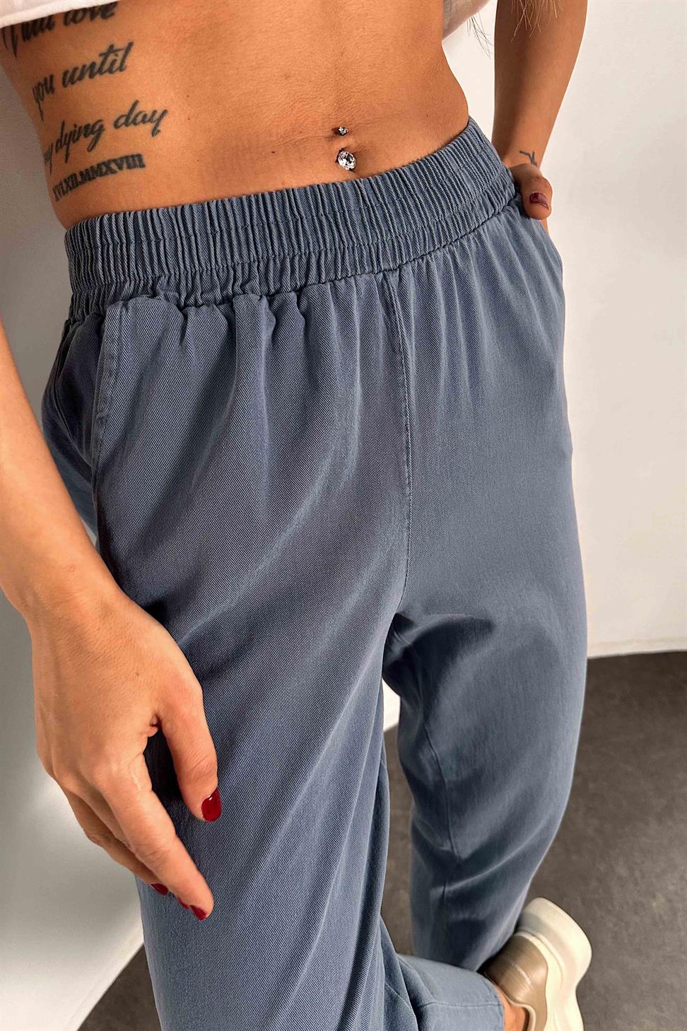 Beli Lastikli Gabardin Kadın Pantolon İndigo Mavisi