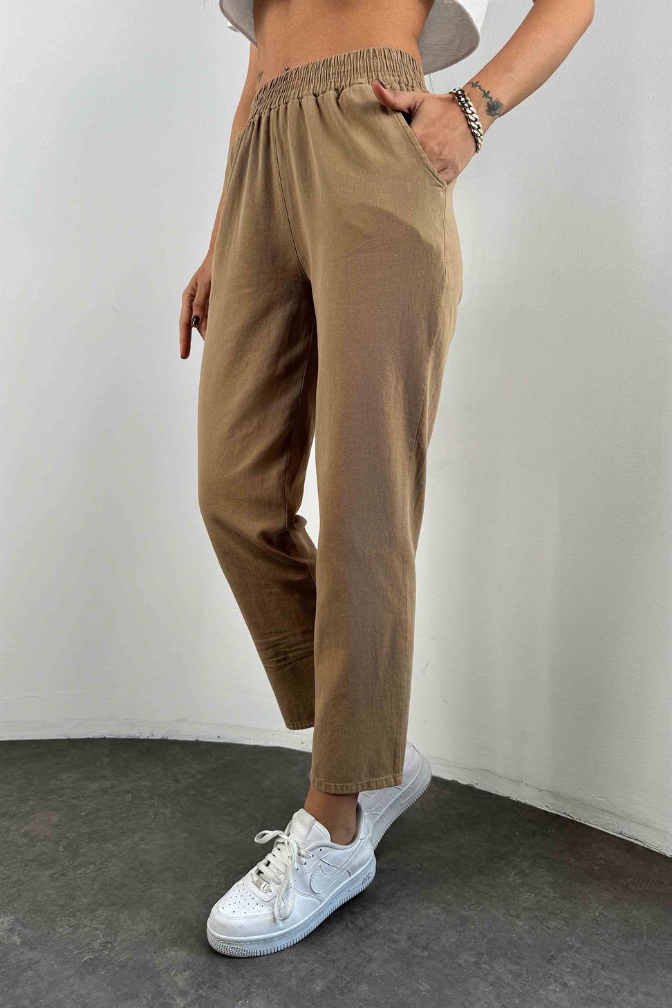 Beli Lastikli Gabardin Kadın Pantolon Camel