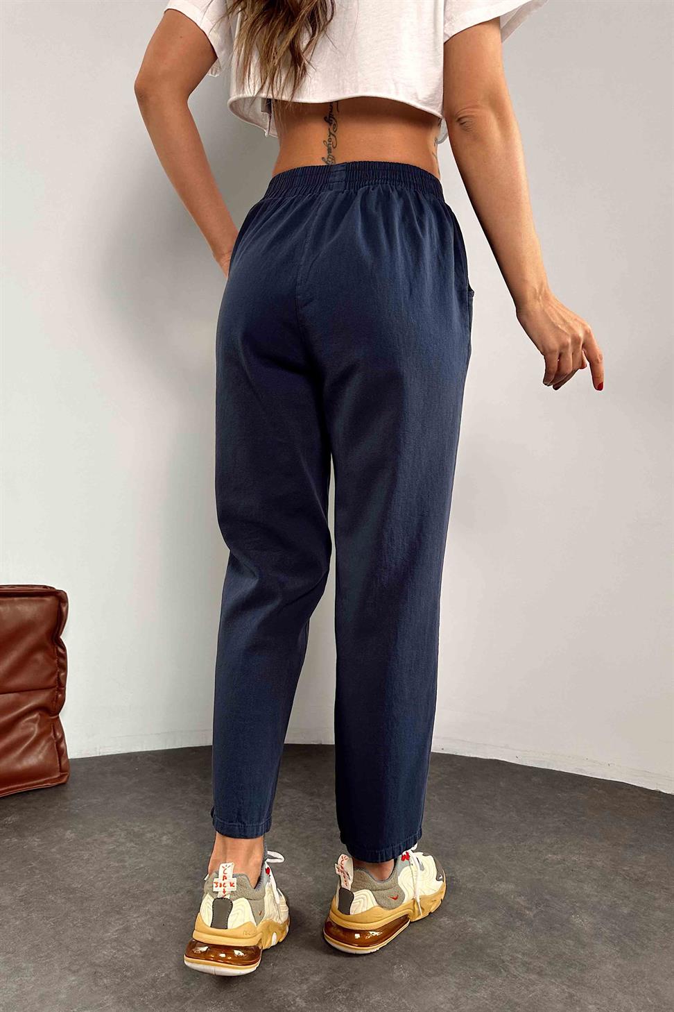 Beli Lastikli Gabardin Kadın Pantolon Lacivert