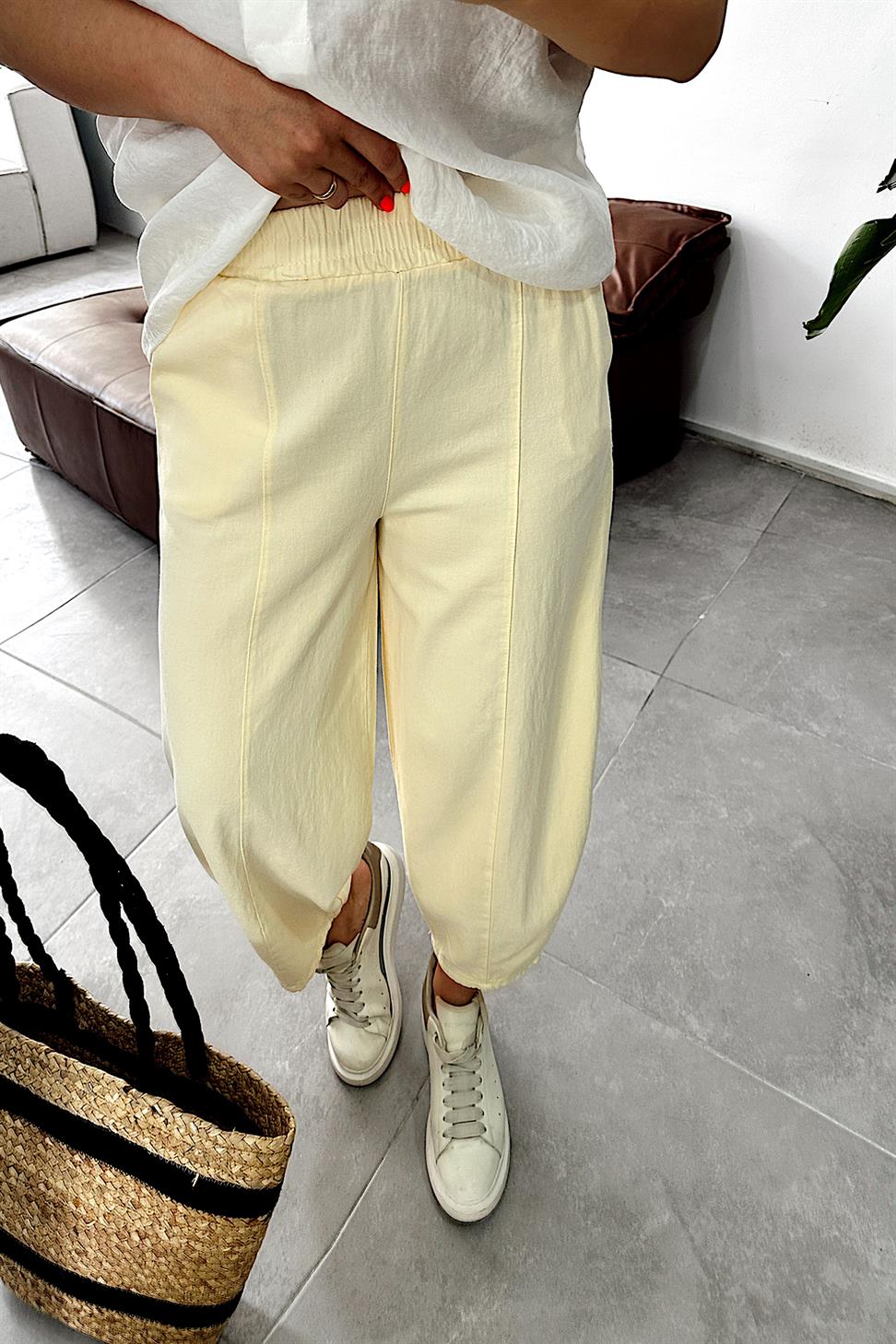 Beli Lastikli Gabardin Kumaş Şalvar Pantolon Sarı