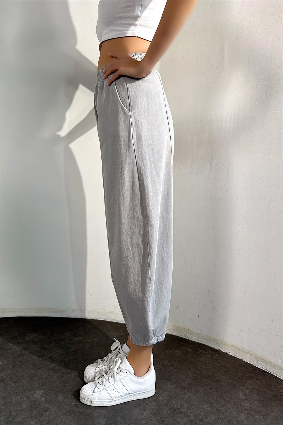 Beli Lastikli Gabardin Kumaş Şalvar Pantolon Gri