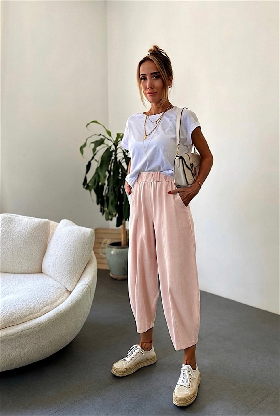 Beli Lastikli Gabardin Kumaş Şalvar Pantolon Toz Pembe