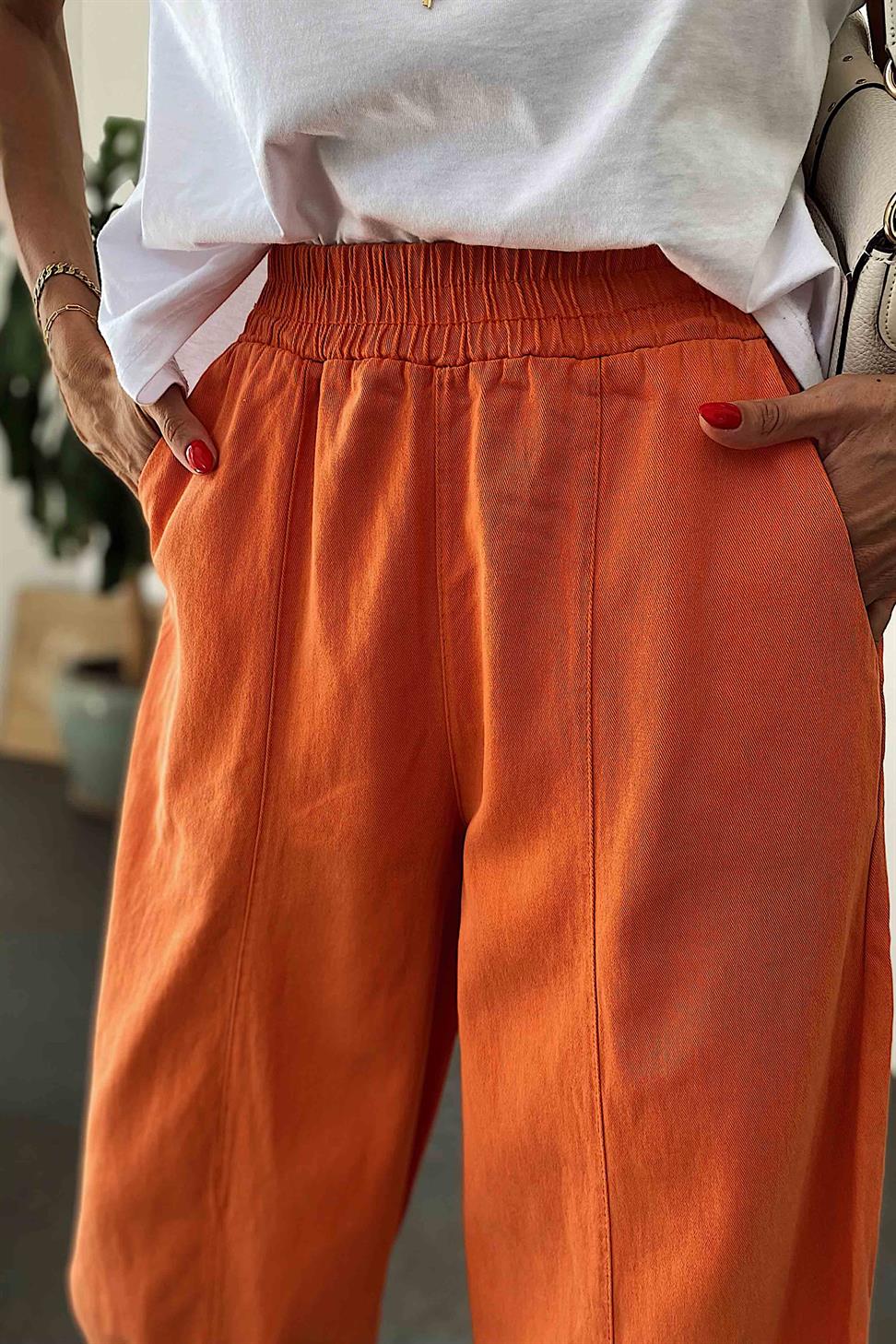 Beli Lastikli Gabardin Kumaş Şalvar Pantolon Turuncu
