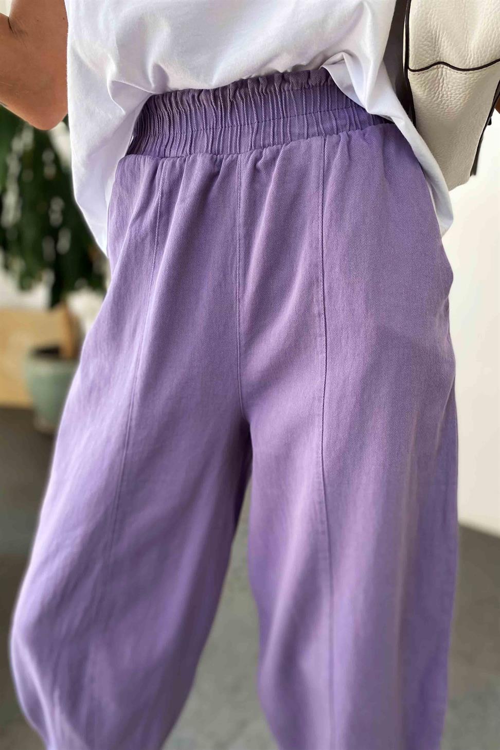 Beli Lastikli Gabardin Kumaş Şalvar Pantolon Lila
