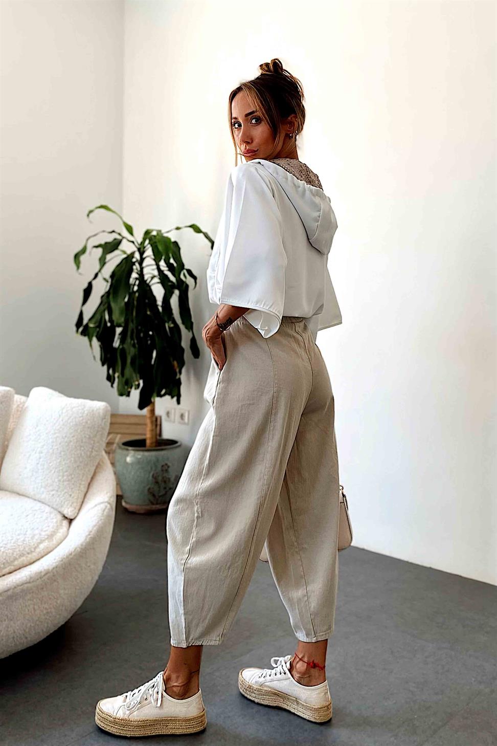 Beli Lastikli Gabardin Kumaş Şalvar Pantolon Taş