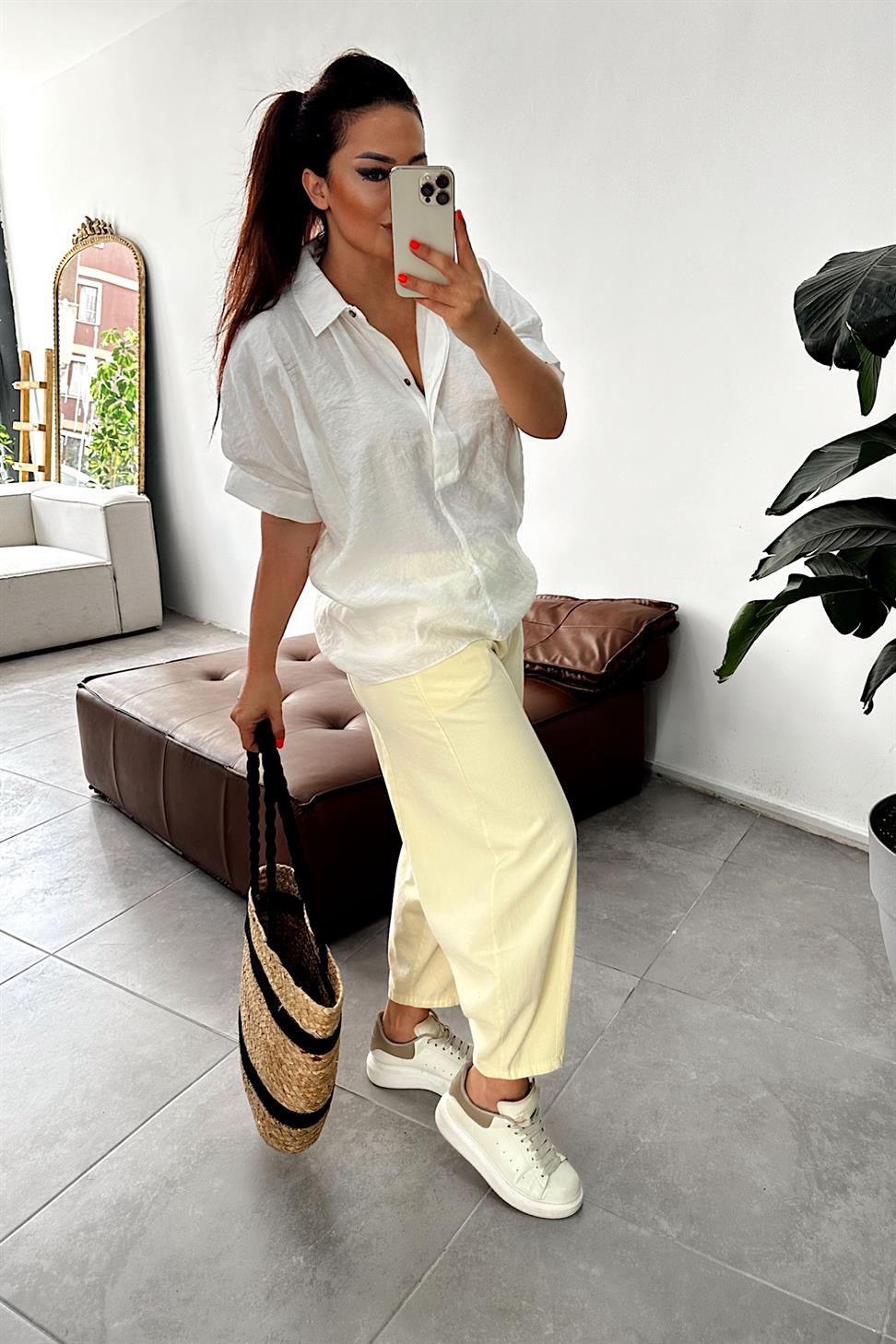 Beli Lastikli Gabardin Kumaş Şalvar Pantolon Sarı