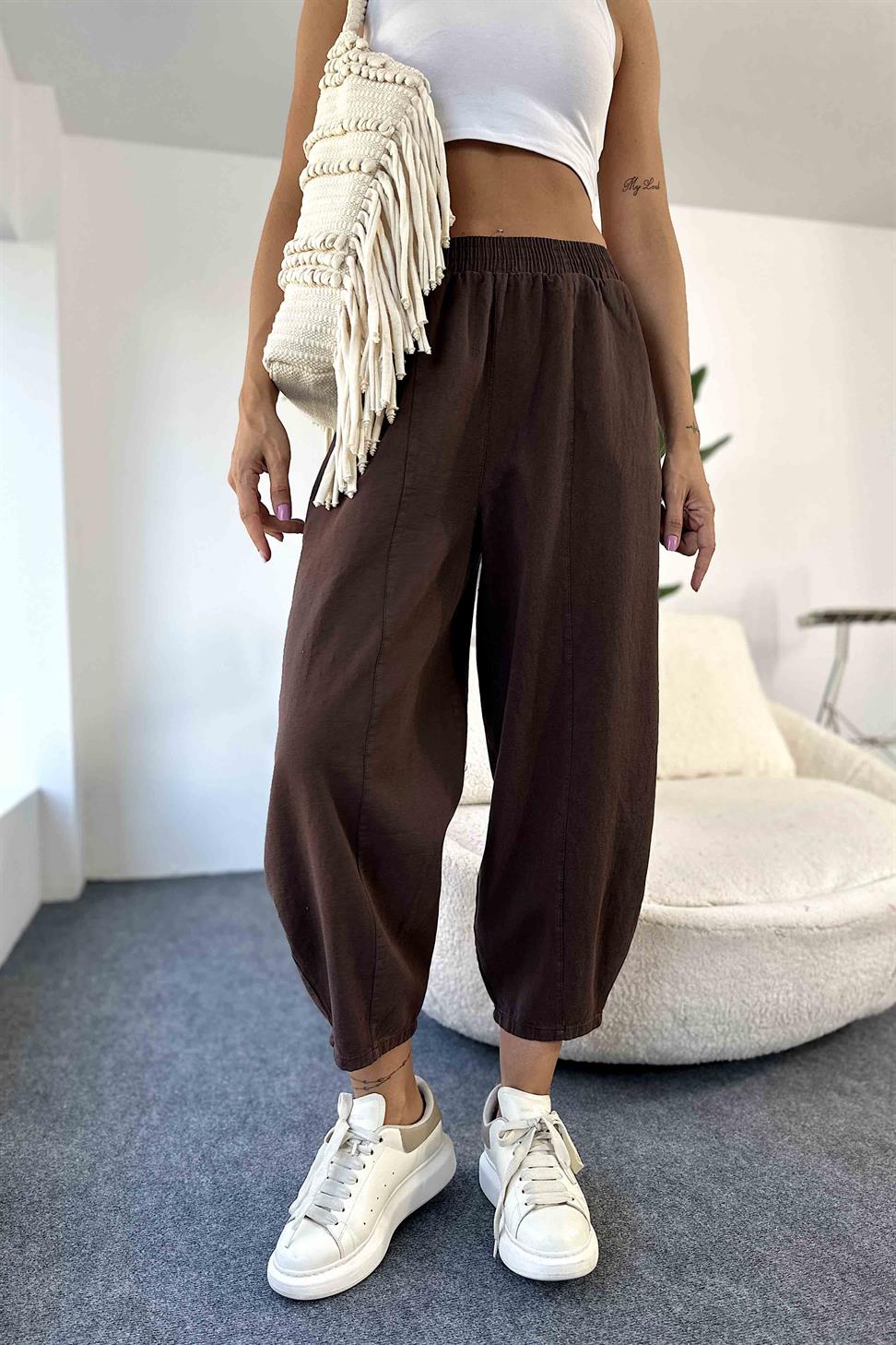 Beli Lastikli Gabardin Kumaş Şalvar Pantolon Acı Kahve