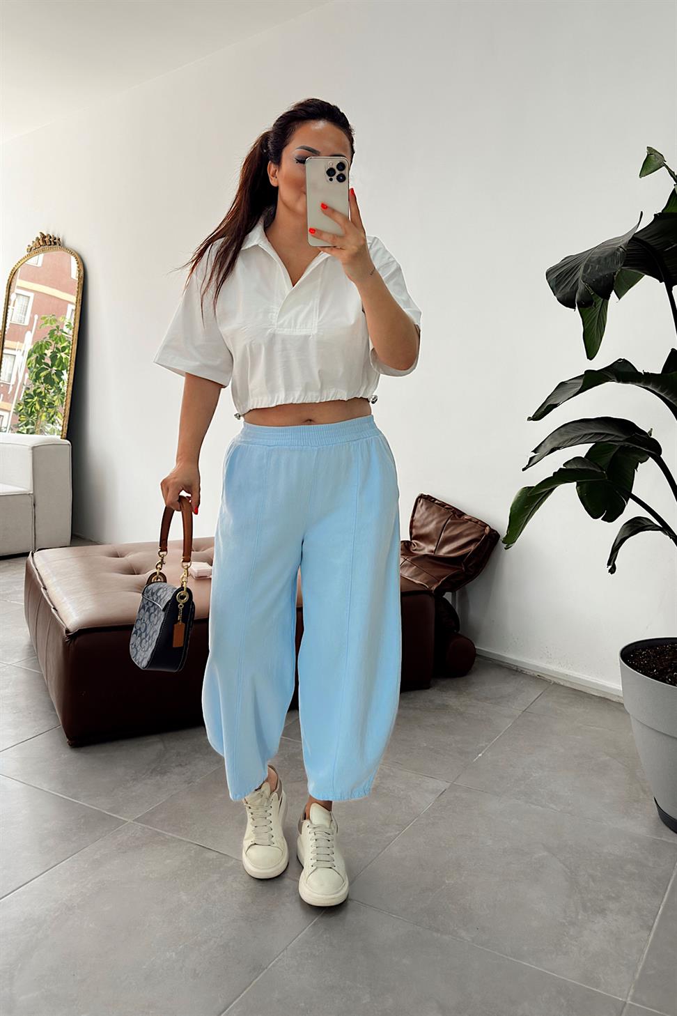 Beli Lastikli Gabardin Kumaş Şalvar Pantolon Bebe Mavisi