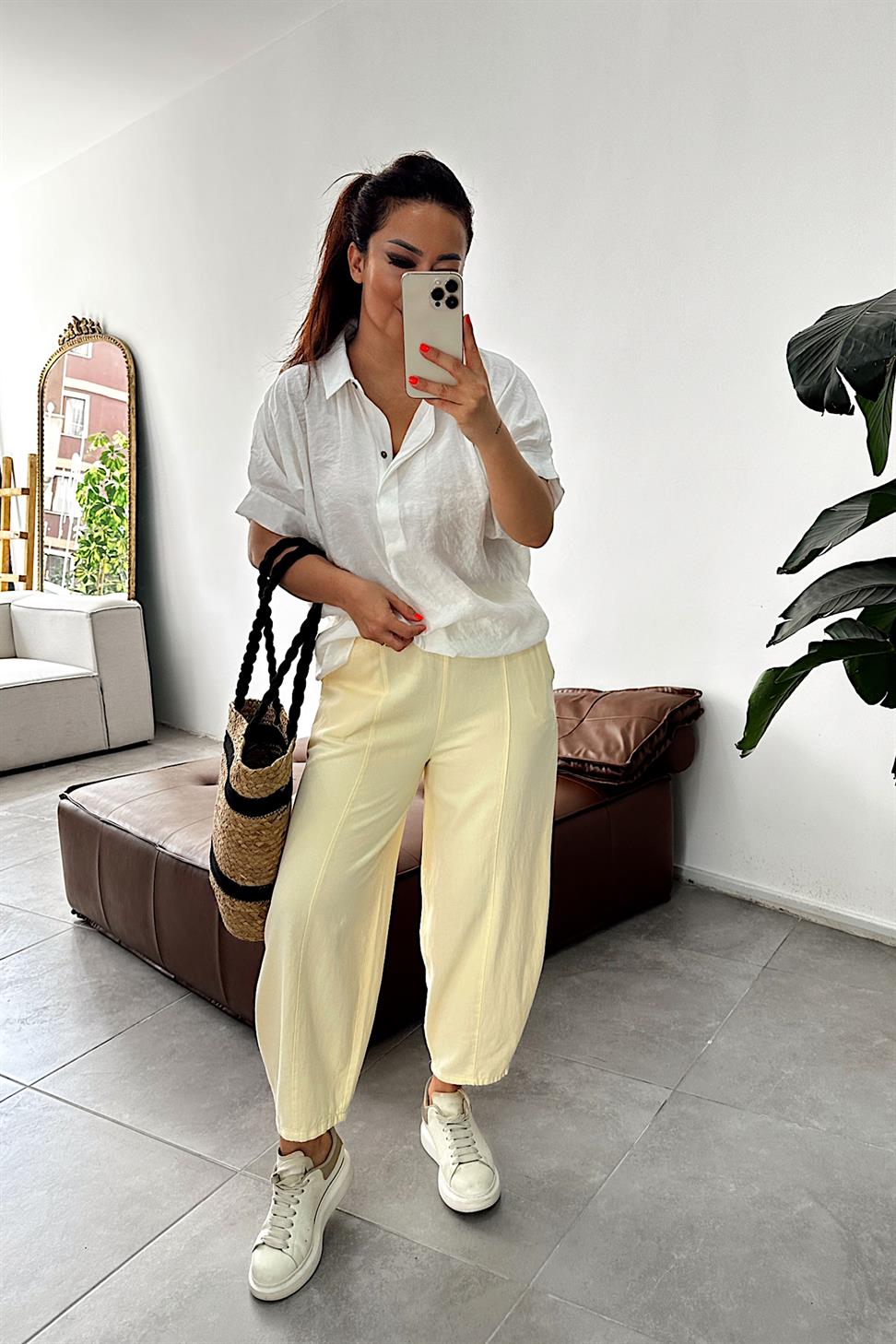 Beli Lastikli Gabardin Kumaş Şalvar Pantolon Sarı