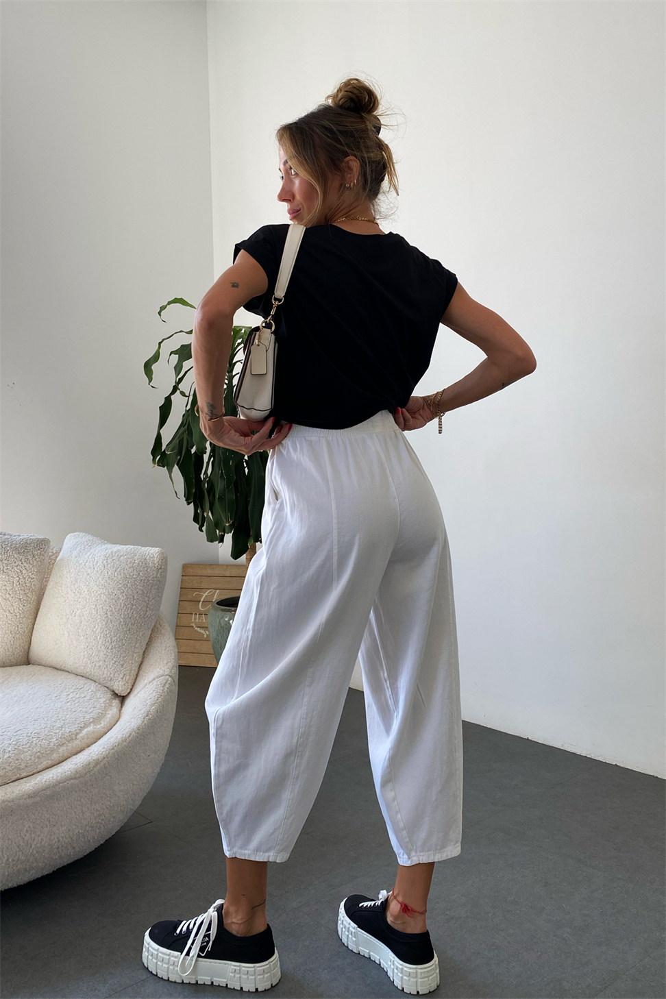 Beli Lastikli Gabardin Kumaş Şalvar Pantolon Ekru
