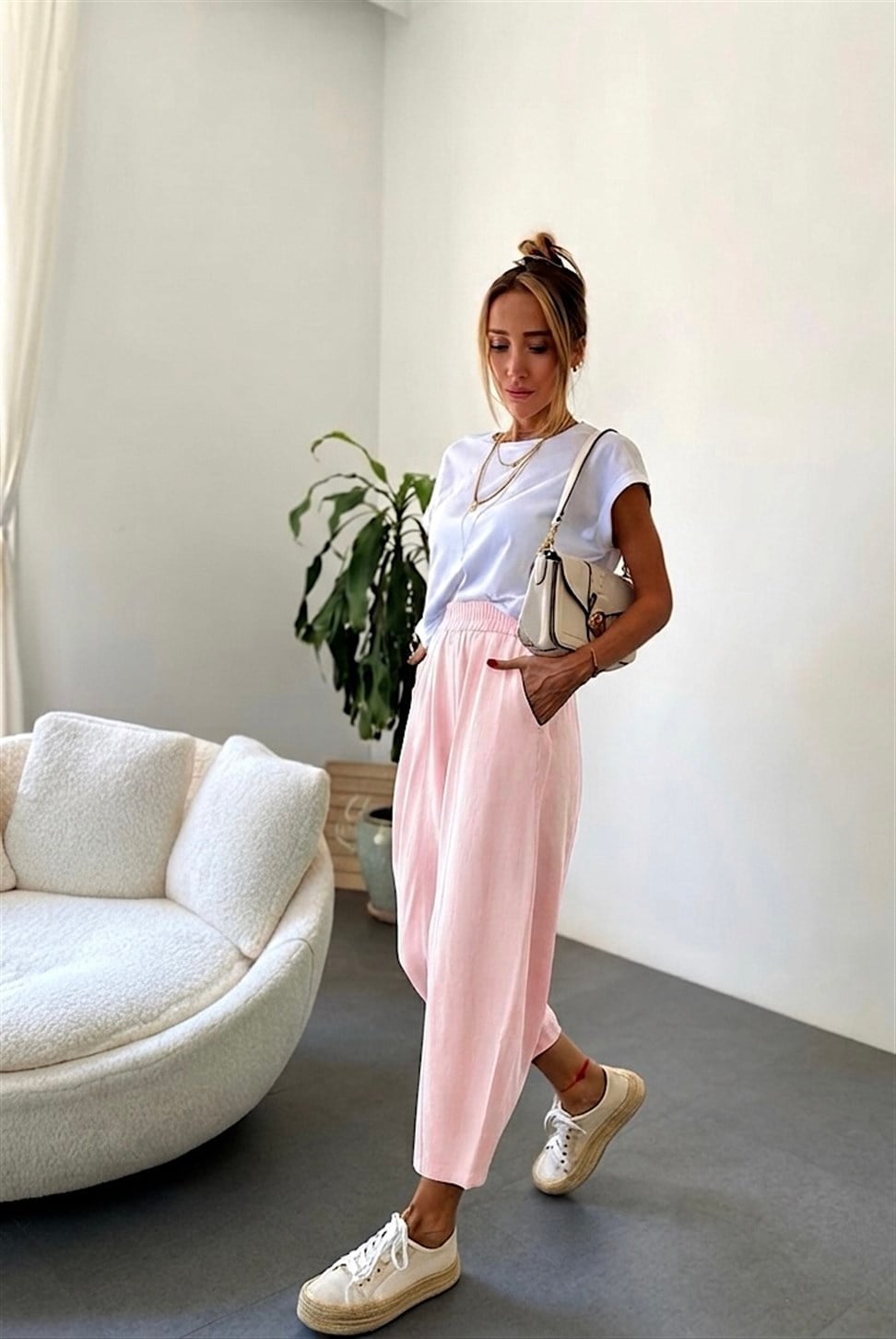 Beli Lastikli Gabardin Kumaş Şalvar Pantolon Toz Pembe