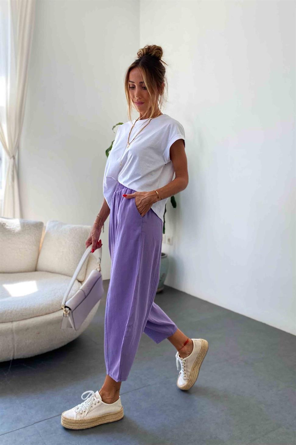 Beli Lastikli Gabardin Kumaş Şalvar Pantolon Lila
