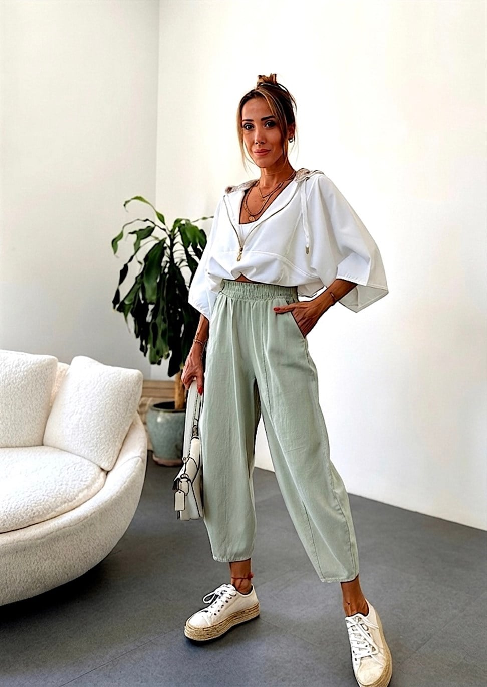 Beli Lastikli Gabardin Kumaş Şalvar Pantolon Mint