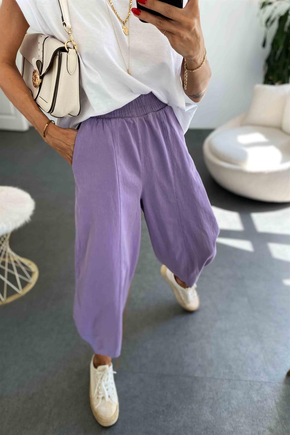 Beli Lastikli Gabardin Kumaş Şalvar Pantolon Lila