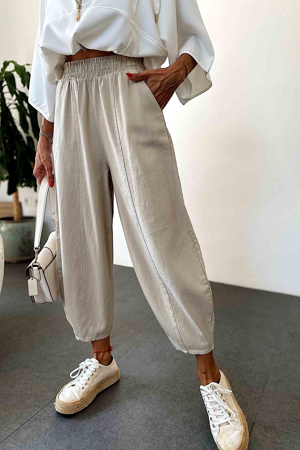 Beli Lastikli Gabardin Kumaş Şalvar Pantolon Taş