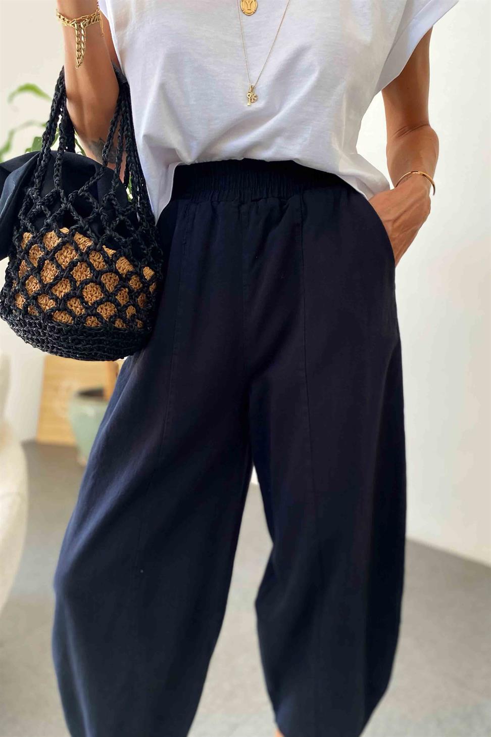 Beli Lastikli Gabardin Kumaş Şalvar Pantolon Siyah