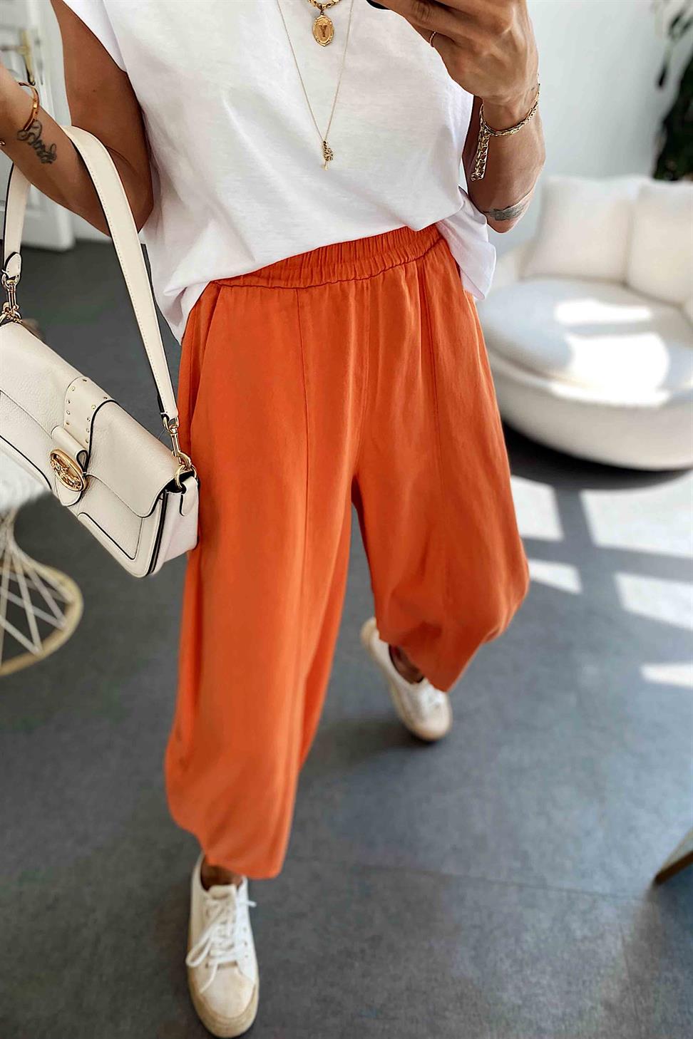 Beli Lastikli Gabardin Kumaş Şalvar Pantolon Turuncu