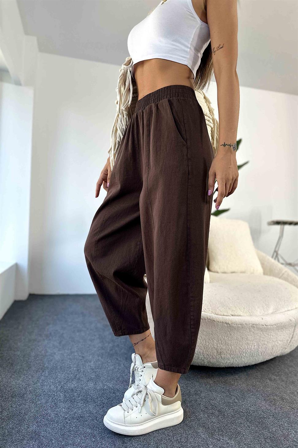 Beli Lastikli Gabardin Kumaş Şalvar Pantolon Acı Kahve