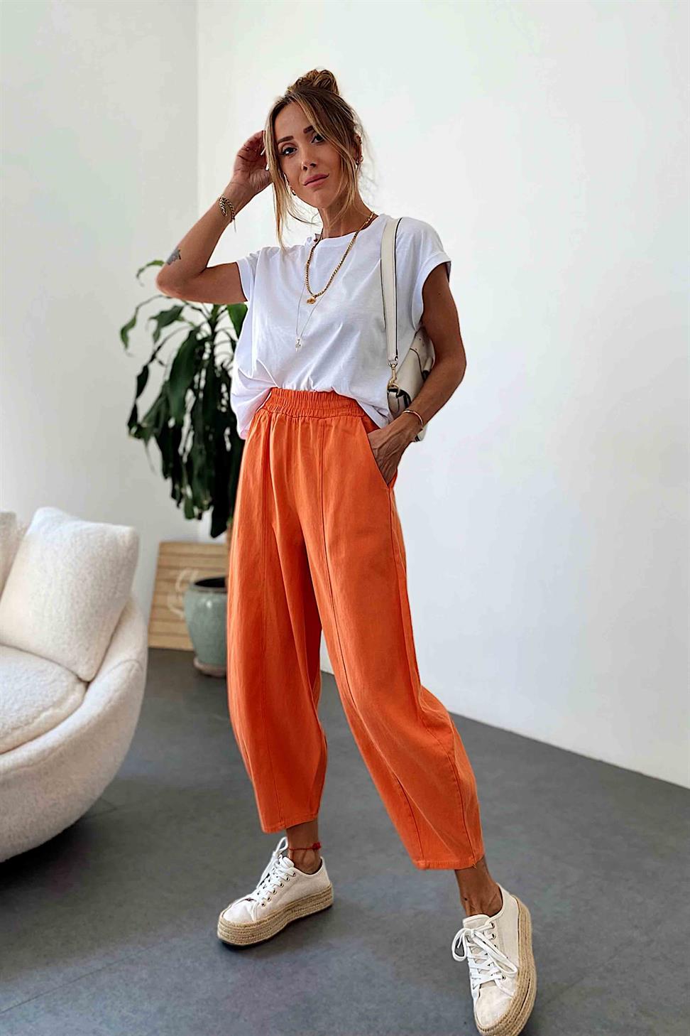 Beli Lastikli Gabardin Kumaş Şalvar Pantolon Turuncu
