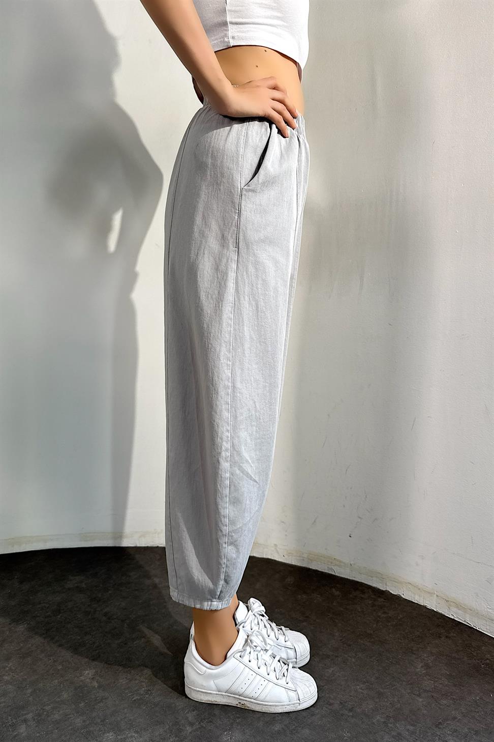 Beli Lastikli Gabardin Kumaş Şalvar Pantolon Gri