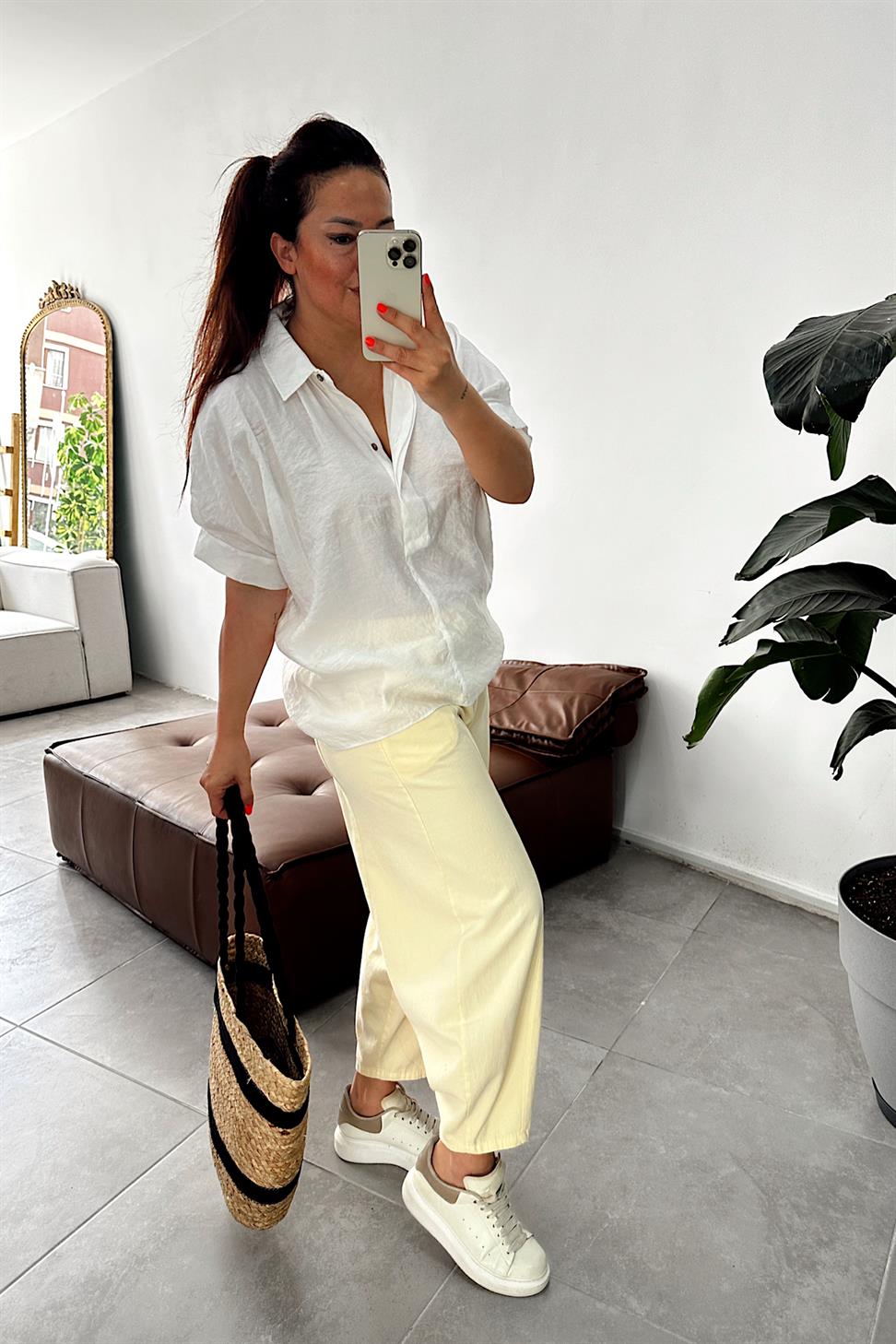 Beli Lastikli Gabardin Kumaş Şalvar Pantolon Sarı