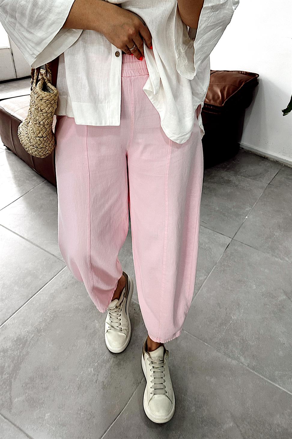 Beli Lastikli Gabardin Kumaş Şalvar Pantolon Toz Pembe