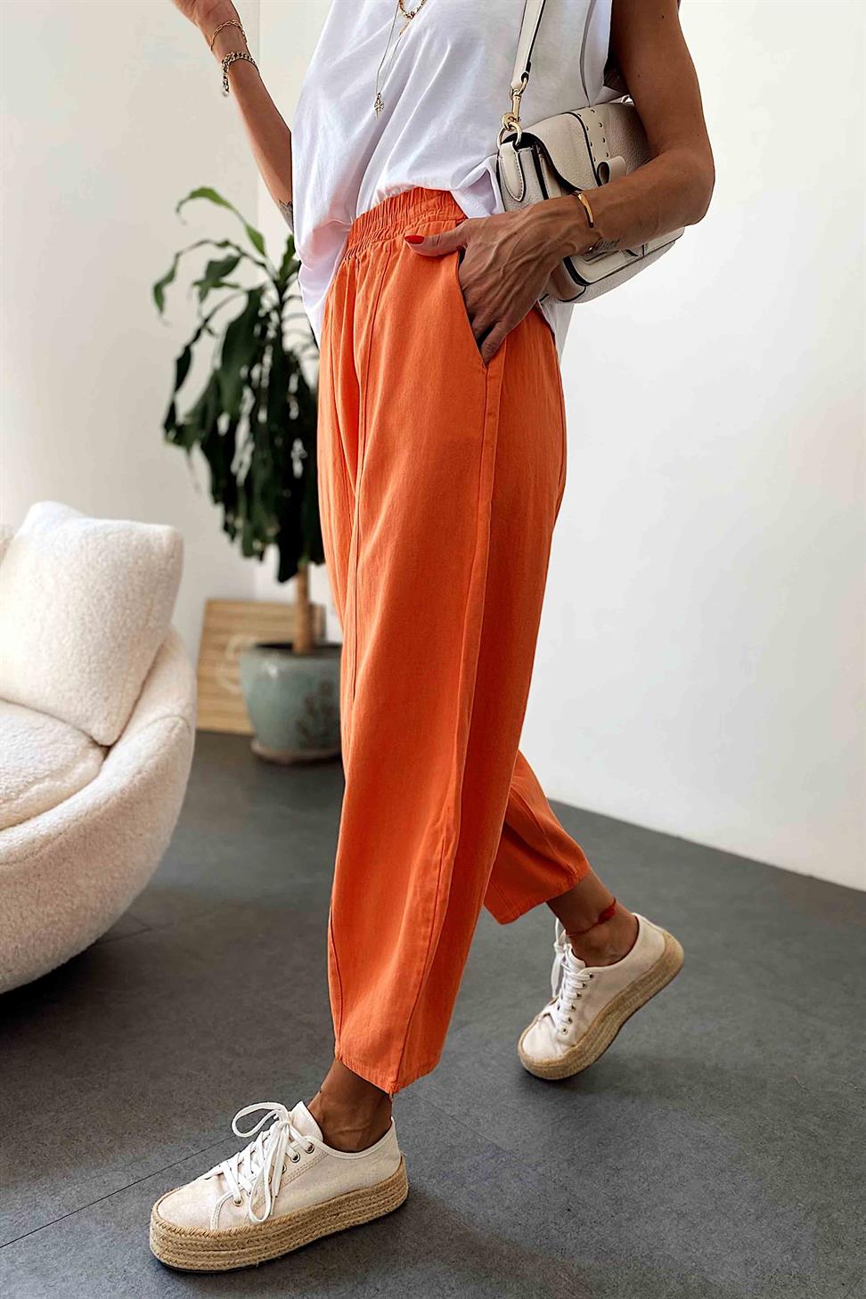 Beli Lastikli Gabardin Kumaş Şalvar Pantolon Turuncu