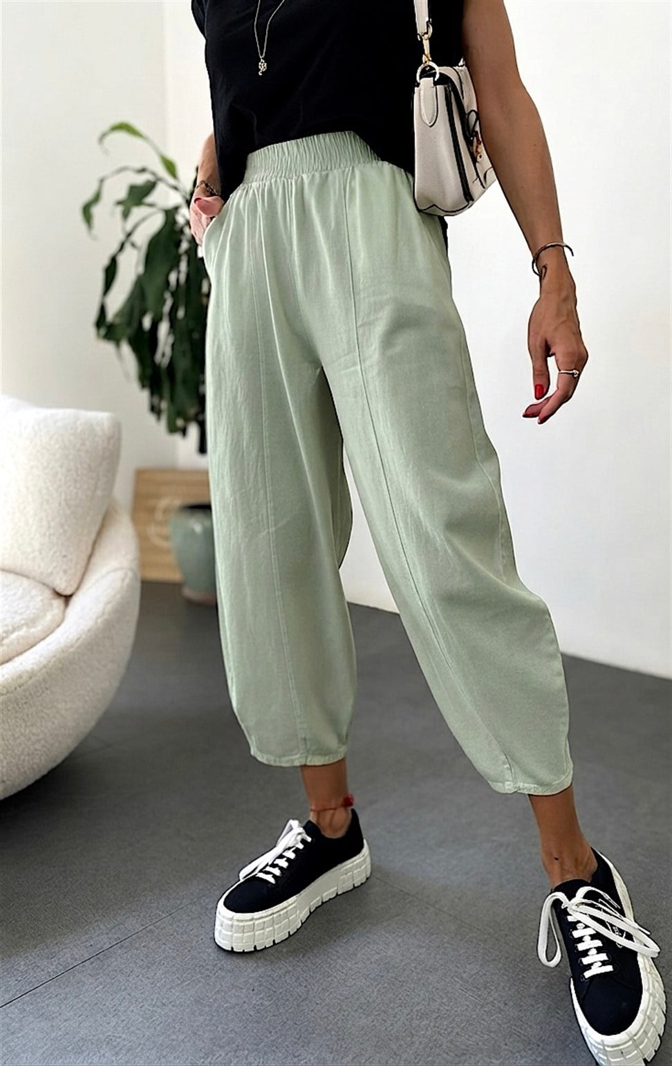 Beli Lastikli Gabardin Kumaş Şalvar Pantolon Mint