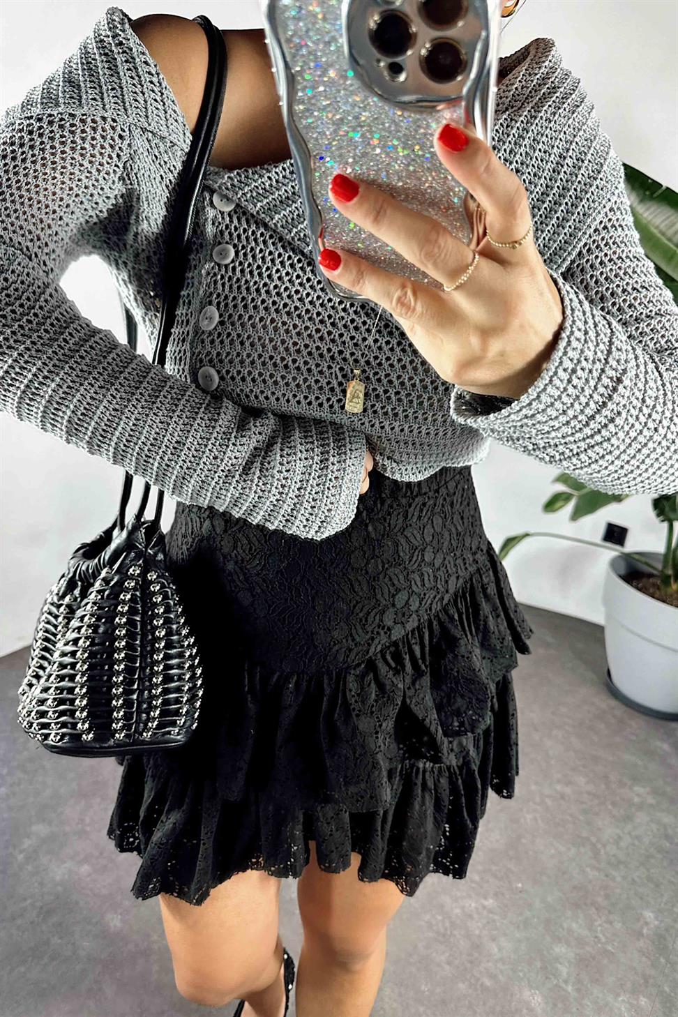 Beli Lastikli Güpürlü Kadın Etek Siyah