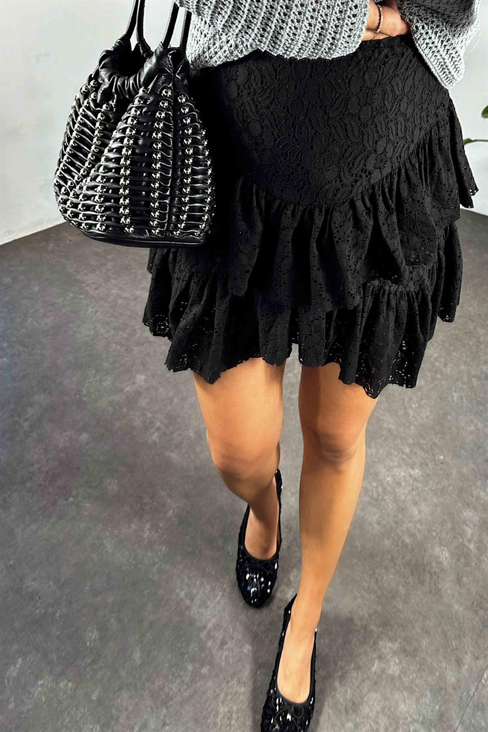 Beli Lastikli Güpürlü Kadın Etek Siyah