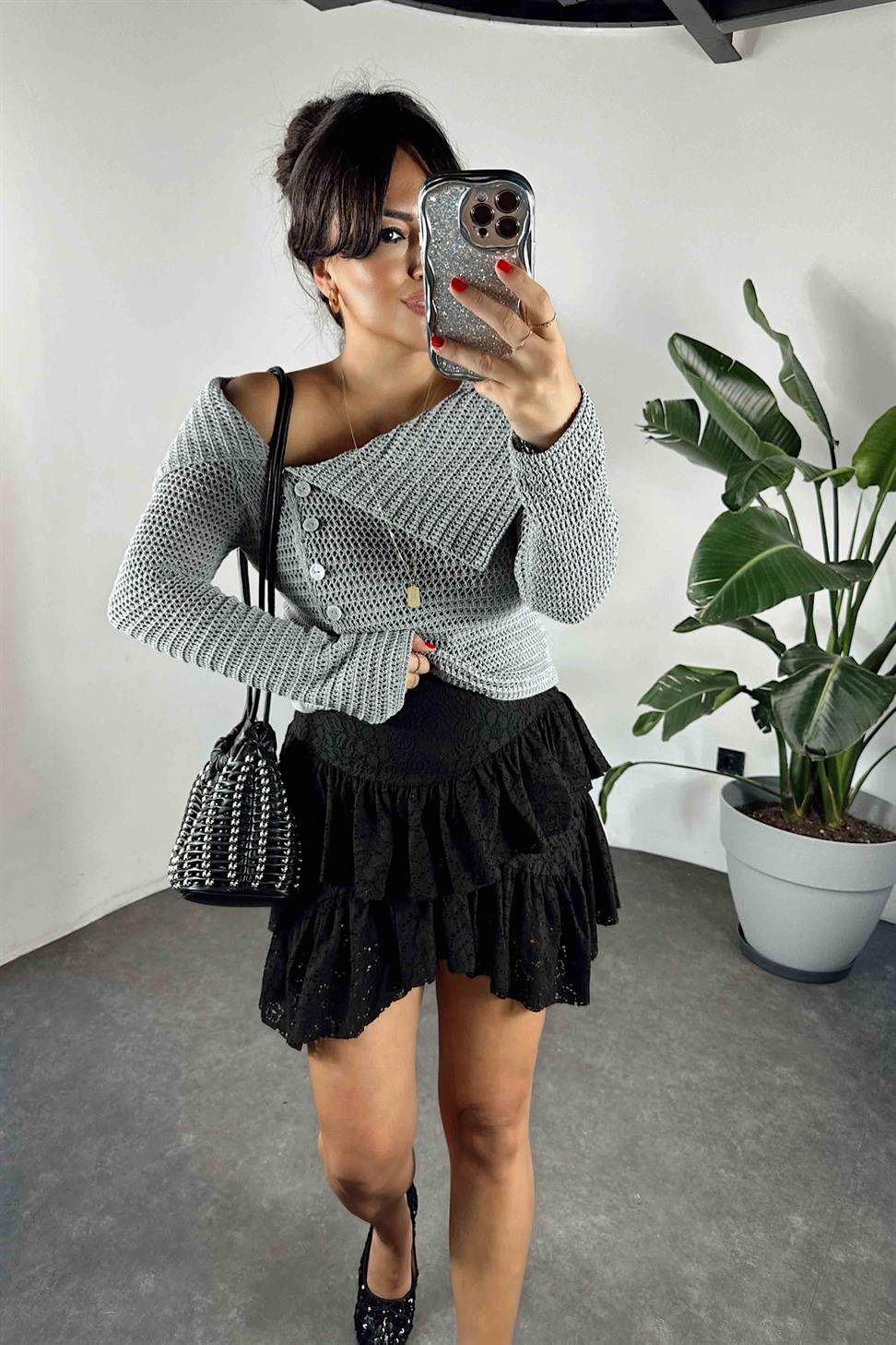 Beli Lastikli Güpürlü Kadın Etek Siyah