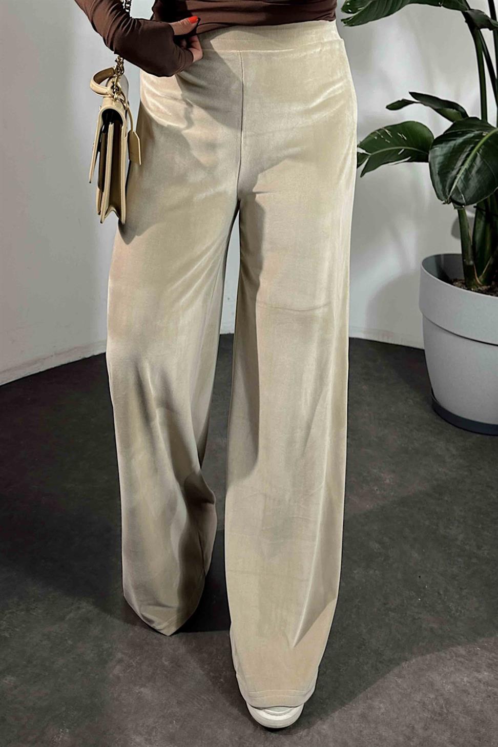 Beli Lastikli Kadife Palazzo Kadın Pantolon Bej