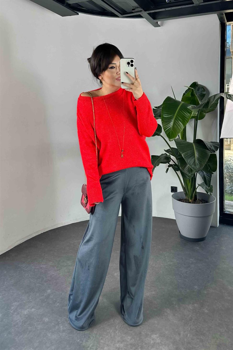 Beli Lastikli Kadife Palazzo Kadın Pantolon Antrasit