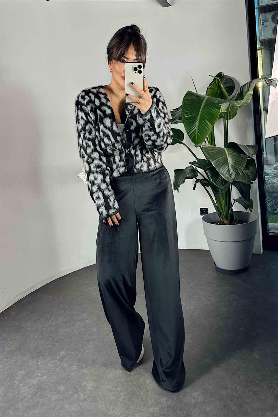 Beli Lastikli Kadife Palazzo Kadın Pantolon Siyah