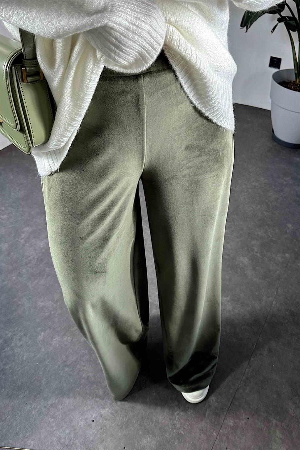 Beli Lastikli Kadife Palazzo Kadın Pantolon Haki