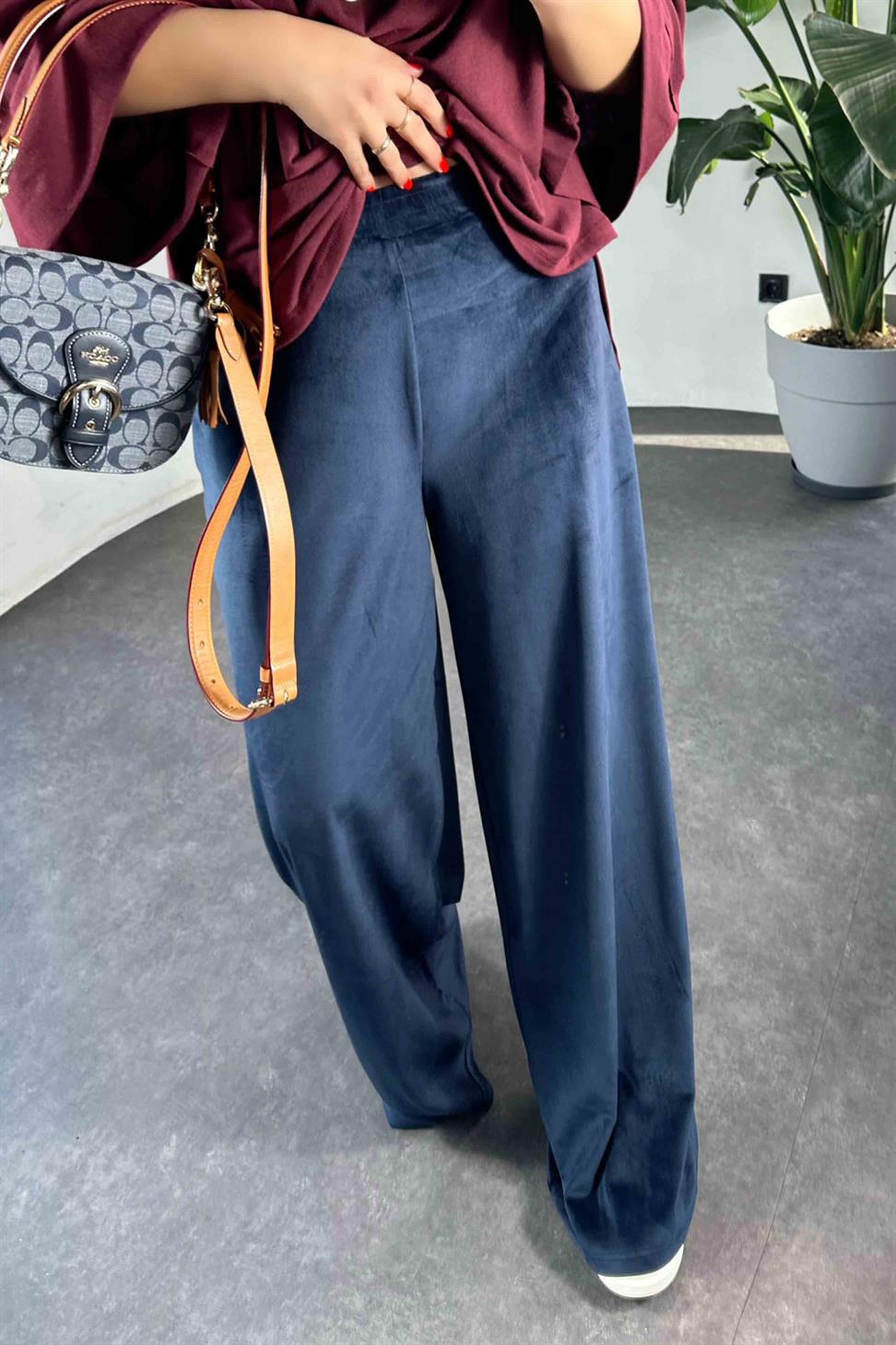 Beli Lastikli Kadife Palazzo Kadın Pantolon Lacivert