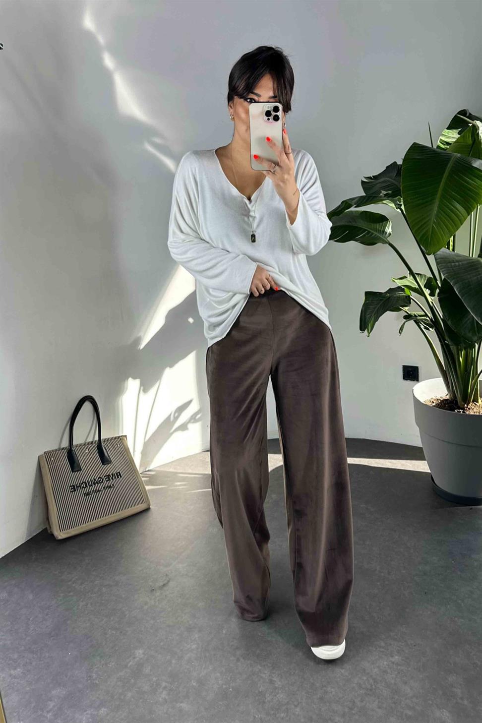 Beli Lastikli Kadife Palazzo Kadın Pantolon Acı Kahve