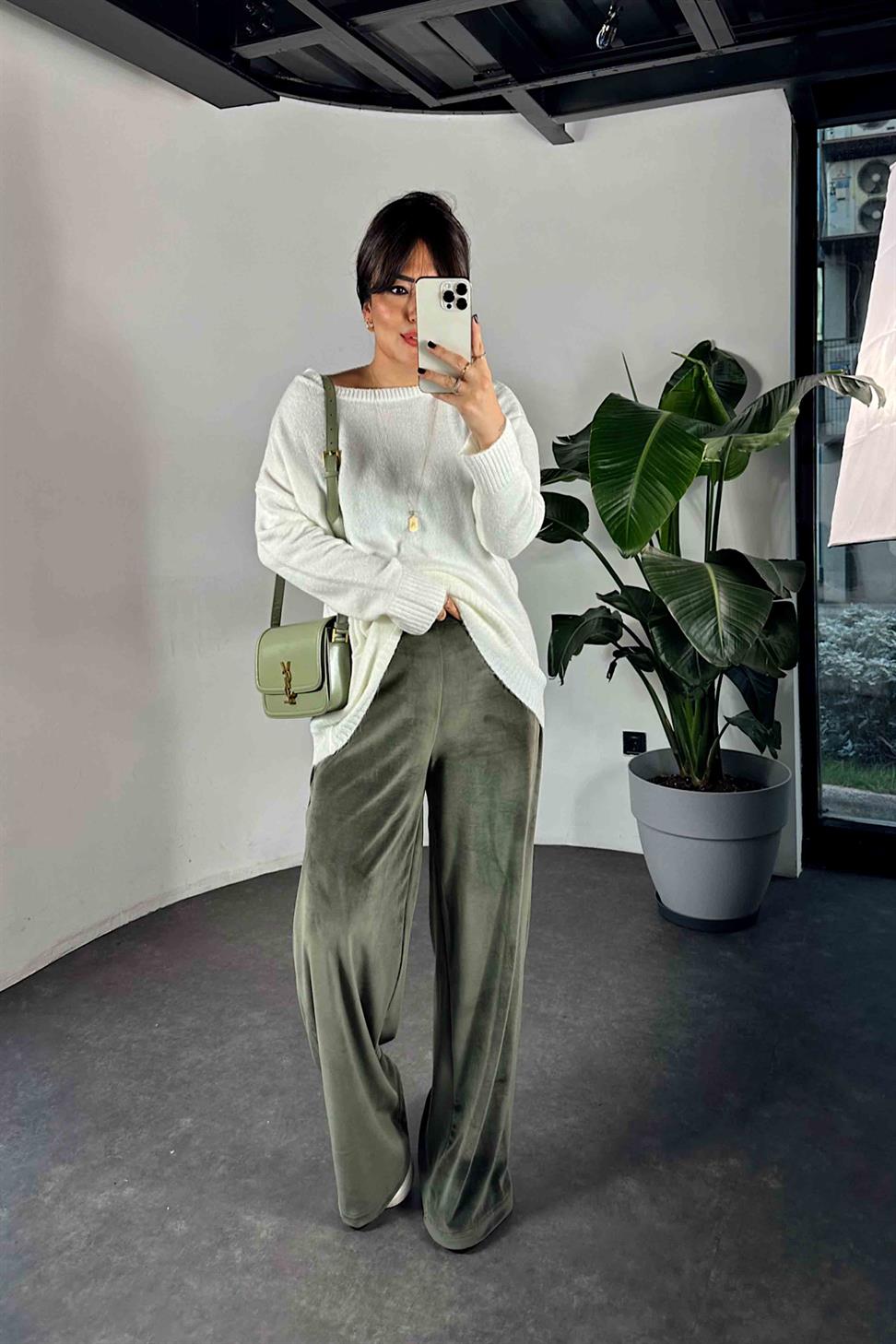 Beli Lastikli Kadife Palazzo Kadın Pantolon Haki