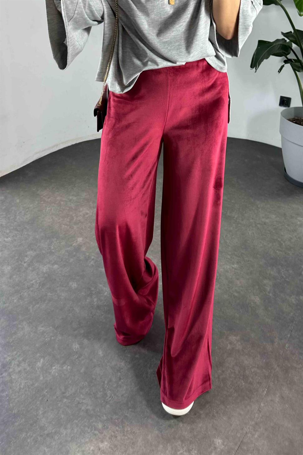 Beli Lastikli Kadife Palazzo Kadın Pantolon Bordo