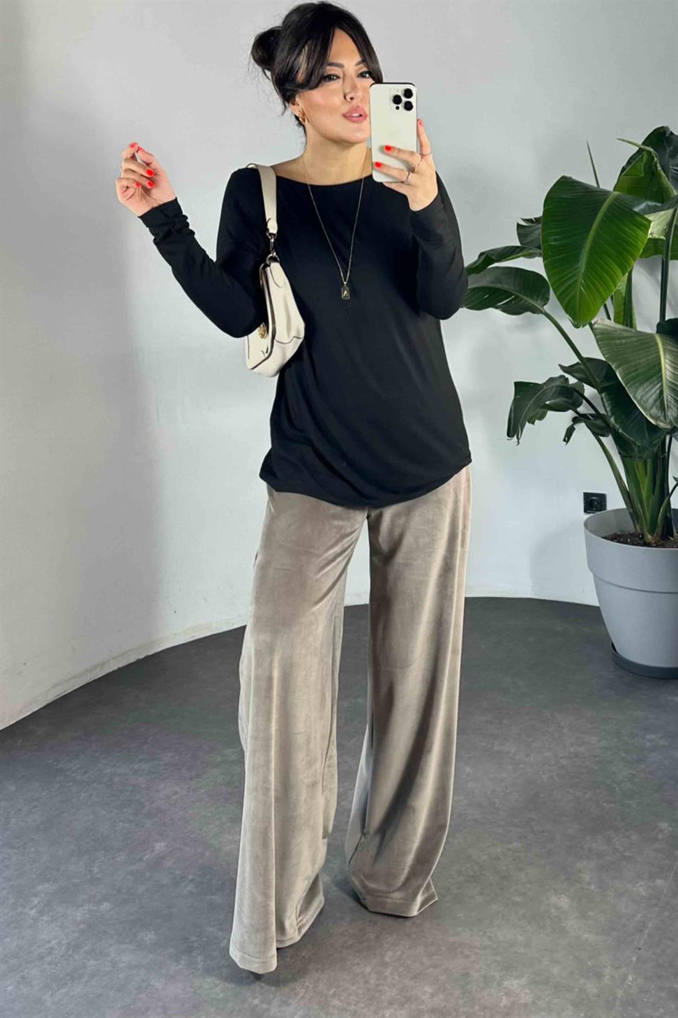 Beli Lastikli Kadife Palazzo Kadın Pantolon Vizon