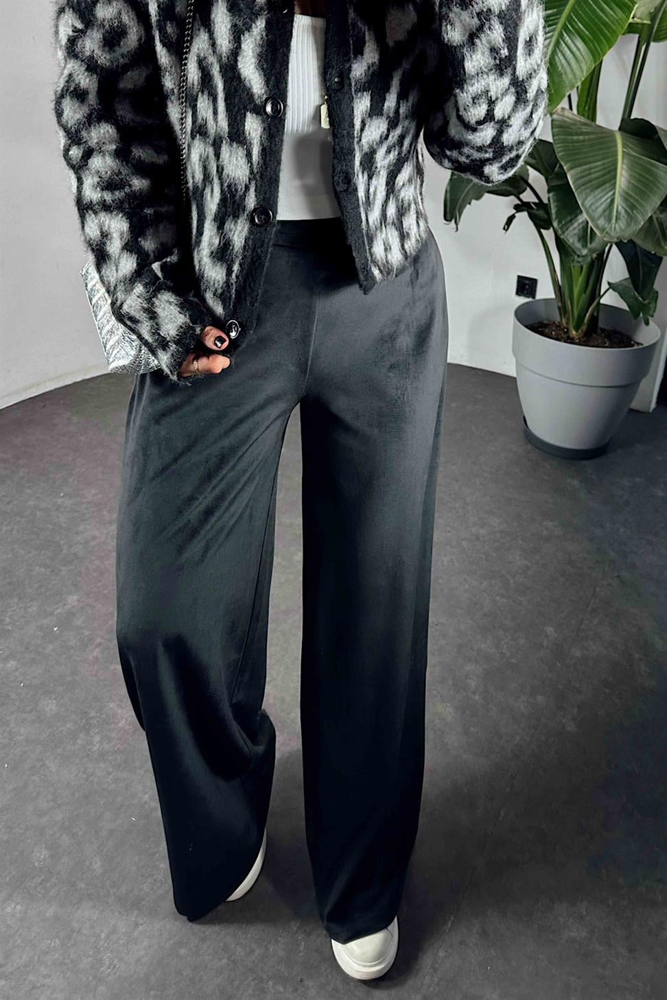 Beli Lastikli Kadife Palazzo Kadın Pantolon Siyah