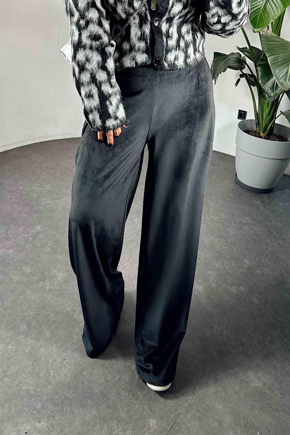 Beli Lastikli Kadife Palazzo Kadın Pantolon Siyah