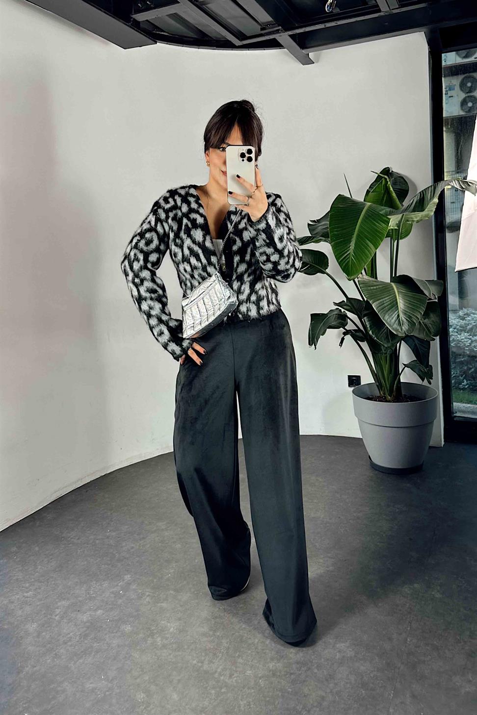 Beli Lastikli Kadife Palazzo Kadın Pantolon Siyah