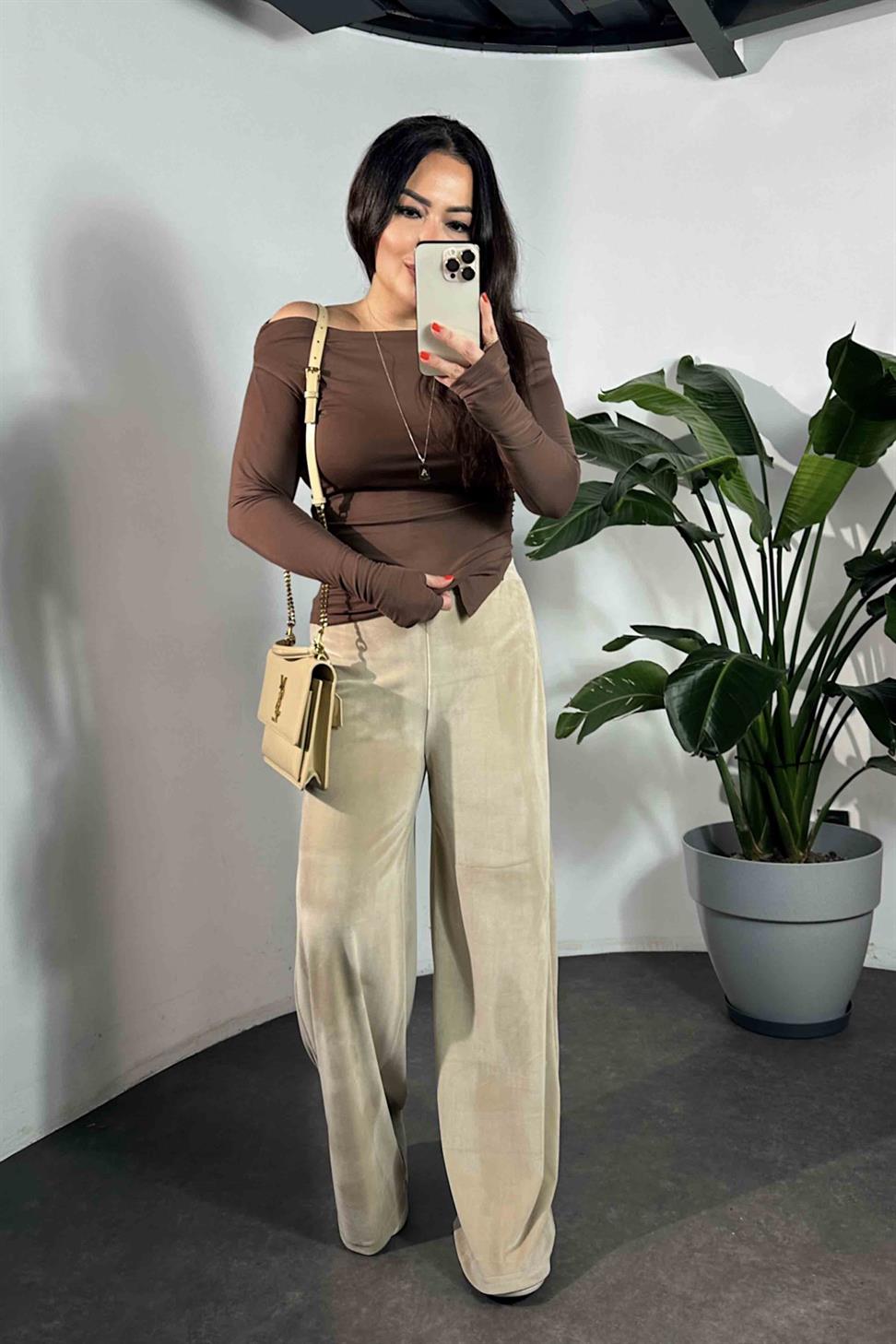 Beli Lastikli Kadife Palazzo Kadın Pantolon Bej